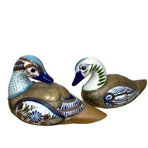 Vintage Handcrafted Tonala Ceramic Metal Bird Duck Mexican 2 Figurines Bronze